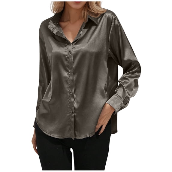 Gswybco Satin Blouses for Women Long Sleeve Collared Button Down Shirts Office Work Solid Color Tops