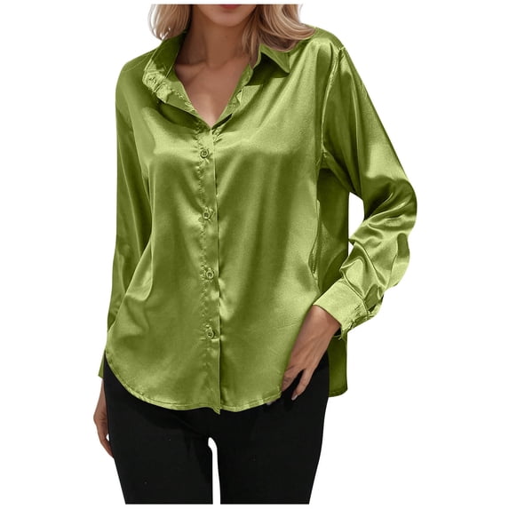 Gswybco Satin Blouses for Women Long Sleeve Collared Button Down Shirts Office Work Solid Color Tops
