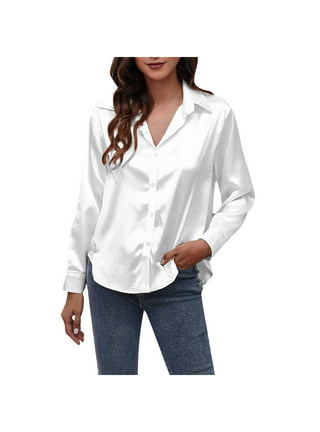 Allegra K Women's Satin Polka Dots Blouses Elegant Camp Collar Long Sleeve  Button Up Shirt