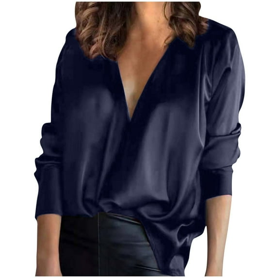 Samickarr Silk Satin blouses for women long sleeve elegant Solid color V-Neck Long Sleeve Casual Loose fit Work Blouse Shirts Pullover Tops