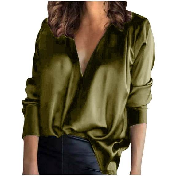 Samickarr Silk Satin blouses for women long sleeve elegant Solid color V-Neck Long Sleeve Casual Loose fit Work Blouse Shirts Pullover Tops
