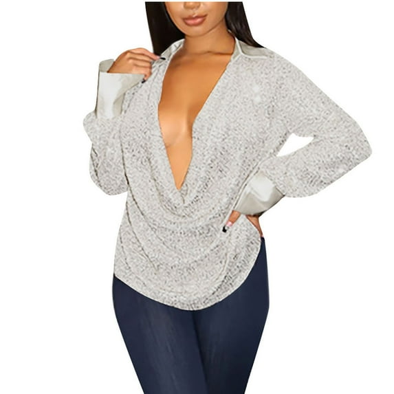 Samickarr Solid Color Sequin Tops For Women Long Sleeve V-neck Blouse Causual Pleated Loose T shirt