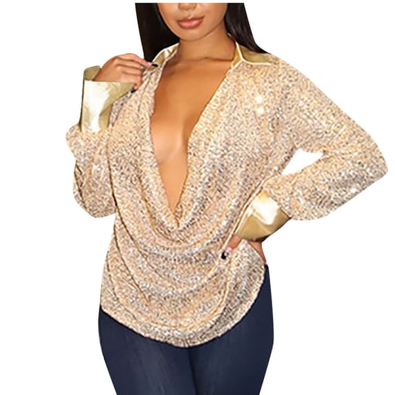 Samickarr Solid Color Sequin Tops For Women Long Sleeve V-neck Blouse Causual Pleated Loose T shirt