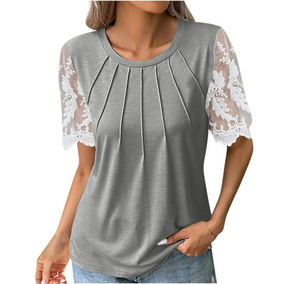 Samickarr Solid Color Tops For Womem Short Sleeve Front Fold Round Neck Blouse Lace Patchwork Sleeve Pullover Loose T-shirt
