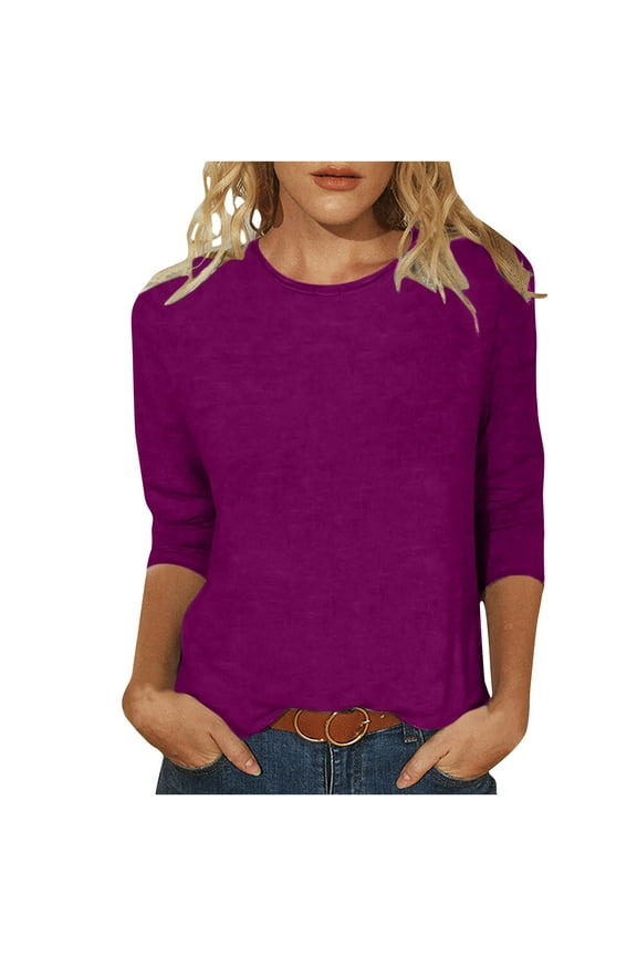 Solid Color Tops For Women Mid-length 3/4 Sleeve Round Neck Blouse Pullover Causual Loose T shirts