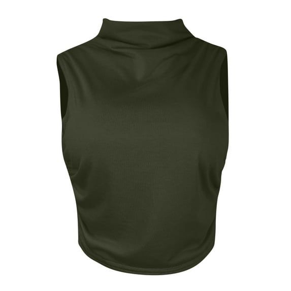 Samickarr Solid Color Tops For Women Semi-high-neck Sleeveless Vest Pleated Short Slim Crop Tops T shirt