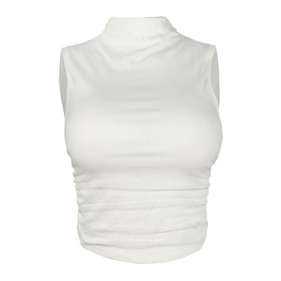 Samickarr Solid Color Tops For Women Semi-high-neck Sleeveless Vest Pleated Short Slim Crop Tops T shirt