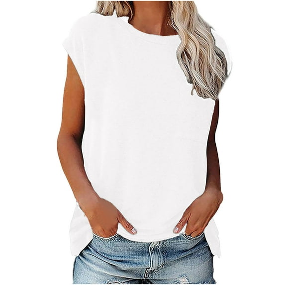 Samickarr Solid Color Tops For Women Sleeveless Round Neck Vest Casual Loose Fit Basic Blouse