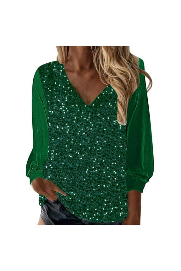 Sparkly Sequin Sweatshirts for Women Long Ruffle Sleeve V Neck Tunic Pullovers Fall Fashion Loose Solid Color Casual Tops