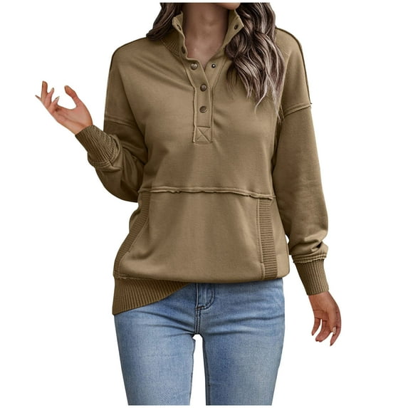 Gnshining Stand Collar Button Sweatshirts for Women Long Sleeve Lapel Solid Color Tunic Tops Fall Fashion Lightweight Soft Pullovers with Pocket