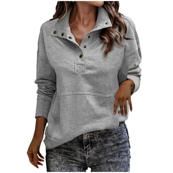 Gnshining Stand Collar Button Sweatshirts for Women Long Sleeve Lapel Solid Color Tunic Tops Fall Fashion Lightweight Soft Pullovers with Pocket