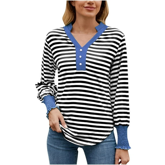 Gnshining Striped Button Sweatshirts for Women Casual Long Sleeve Color Block Tunic Tops Fall Fashion Lightweight V Neck Pullovers