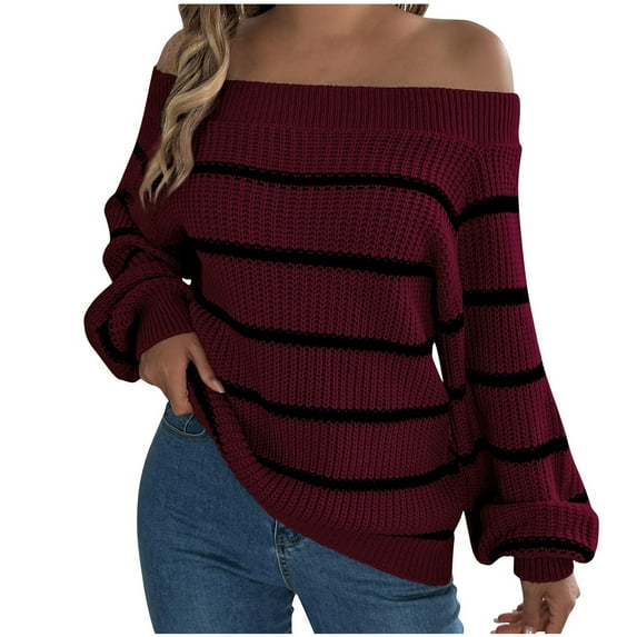 Gnshining Striped Knit Sweaters for Women Off Shoulder Long Sleeve Tops Fall Fashion Oversized Casual Loose Pullovers
