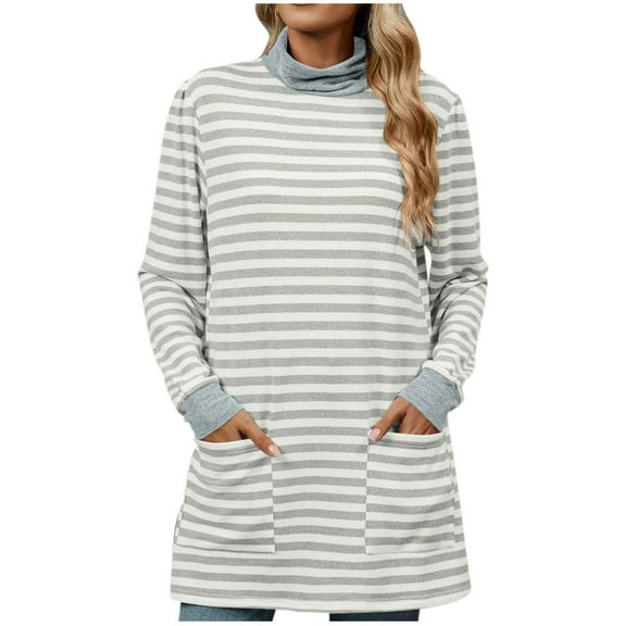 Gnshining Striped Tunic Tops for Women Mock Neck Long Sleeve Casual Blouses Fall Fashion Color Block Loose Sweatshirts
