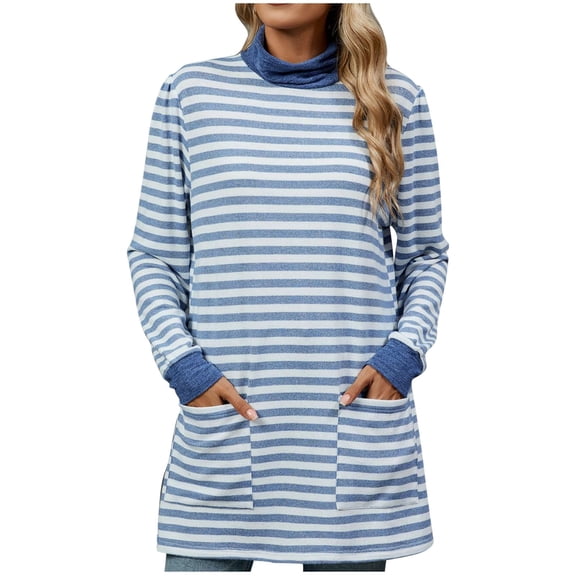Gnshining Striped Tunic Tops for Women Mock Neck Long Sleeve Casual Blouses Fall Fashion Color Block Loose Sweatshirts