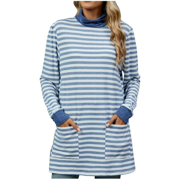 Gswybco Striped Tunic Tops for Women Mock Neck Long Sleeve Casual Blouses Fall Fashion Color Block Loose Sweatshirts