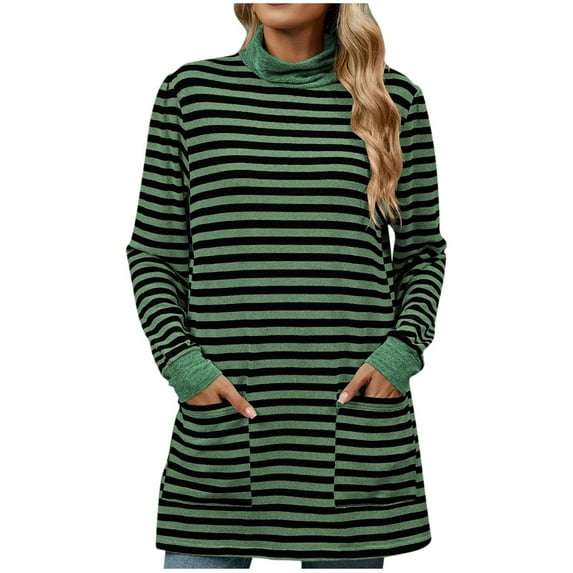 Gswybco Striped Tunic Tops for Women Mock Neck Long Sleeve Casual Blouses Fall Fashion Color Block Loose Sweatshirts