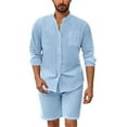 thumbnail image 1 of Samickarr Summer Cotton Linen Two Piece Sets for Men Long Sleeve Chemise Shirts and Shorts Set Button Stand Collar Soft Breathable Blouse T-Shirts Beach Vacation Outfits, 1 of 5