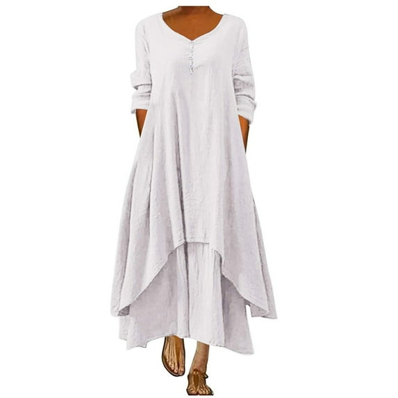 Samickarr Summer Dresses For Women Vacation Cotton And Linen Dress For Women Solid Color Round-Neck Mid-Sleeve Neck Button Down Layer Casual Loose Plus Size Long Dress