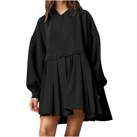 Samickarr Summer Dresses For Women Vacation Patchwork Dresses For Women Long Sleeve Round Neck Solid Color Pullover Tops Pleated Mini Casual Loose Short Hoddie Dresses
