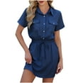 thumbnail image 1 of Npasoilc Summer Dresses for Women Trendy Drawstring Elastic Waist Button Down Turndown Collar Dresses with Pockets Short Sleeve Cargo Outdoor Lightweight Dress Casual Workwear Dresses, 1 of 7