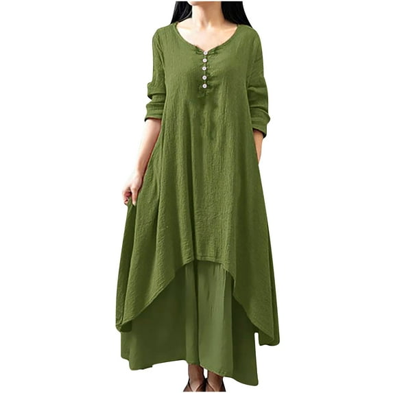 Samickarr Summer Dresses For Women Vacation Cotton And Linen Dress For Women Solid Color Round-Neck Mid-Sleeve Neck Button Down Layer Casual Loose Plus Size Long Dress