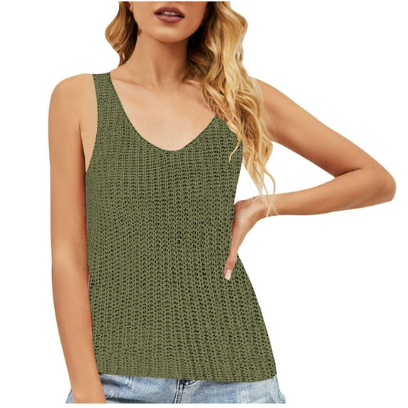 Samickarr Summer Knit Tank Top For Women Sleeveless V Neck Casual Loose Solid Color Rib Knitted Camisole Sweater Vest Tee Shirts