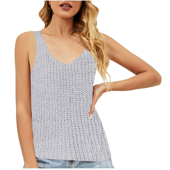 Samickarr Summer Knit Tank Top For Women Sleeveless V Neck Casual Loose Solid Color Rib Knitted Camisole Sweater Vest Tee Shirts
