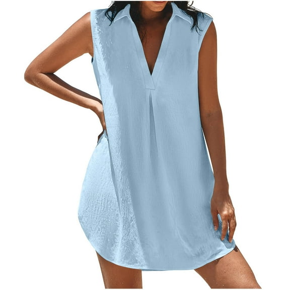 Samickarr Summer Ruched Tank Dresses for Women Turndown Collar V-Neck Sleeveless Shirt Dresses Soft Breathable Mini Sundress Casual Loose Beach Vacation Dresses