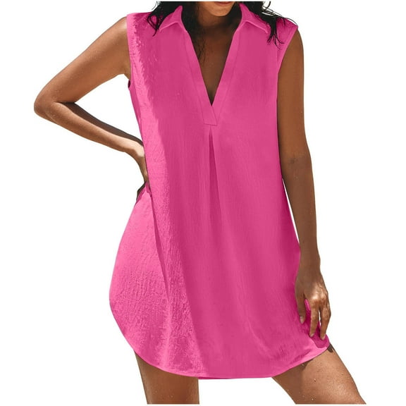 Samickarr Summer Ruched Tank Dresses for Women Turndown Collar V-Neck Sleeveless Shirt Dresses Soft Breathable Mini Sundress Casual Loose Beach Vacation Dresses