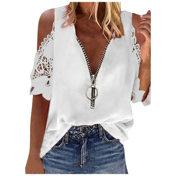 Samickarr Summer Savings Clearance Plus Size Summer Tops For Women Tops Dressy Casual Tunic Tops To Wear With Leggings Women Casual Lace Half SleeveV-Neck Zipper Hollow Out T-Shirt Blouse Tops