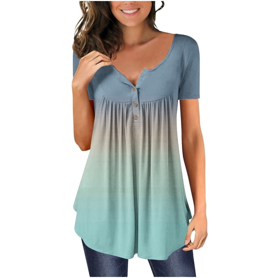 Samickarr Summer Savings Clearance Plus Size Summer Tops For Women Tops Dressy Casual Tunic Tops To Wear With Leggings Women V- Neck Gradient Printed Tunic Tops Buttons Short Sleeve T-shirt