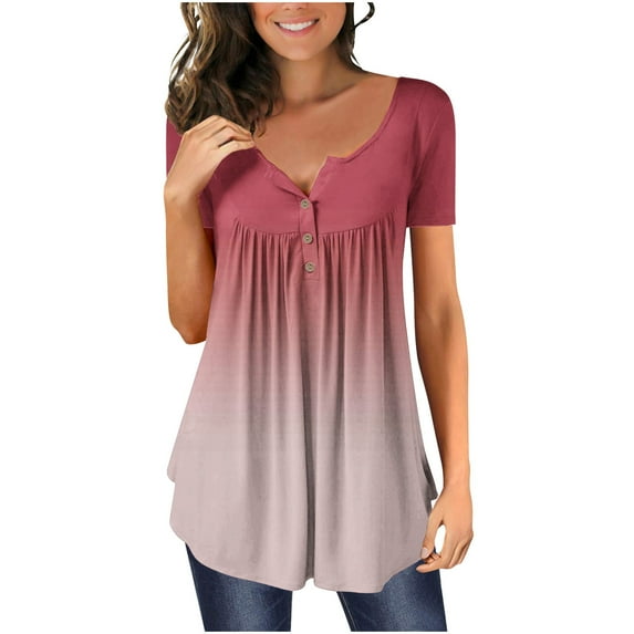 Samickarr Summer Savings Clearance Plus Size Summer Tops For Women Tops Dressy Casual Tunic Tops To Wear With Leggings Women V- Neck Gradient Printed Tunic Tops Buttons Short Sleeve T-shirt