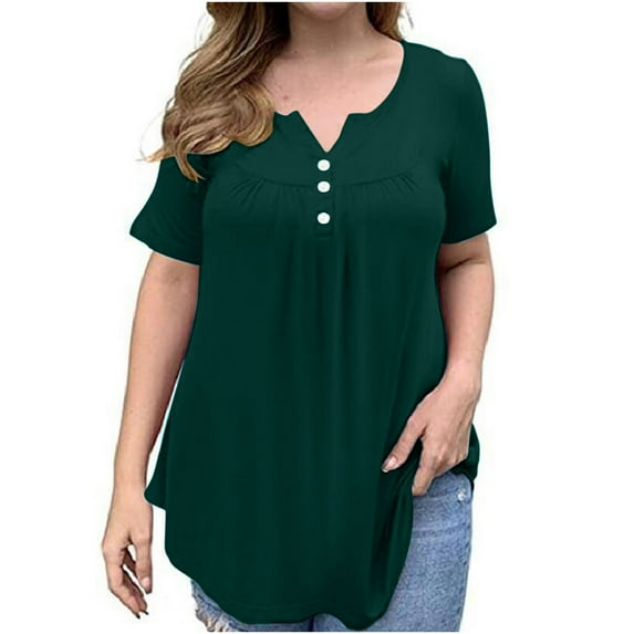 Samickarr Summer Savings Clearance Plus Size Summer Tops For Women Tops Dressy Casual Tunic Tops To Wear With Leggings Women's Summer Loose Slim Button Short Sleeve V-Neck Top/Shirt