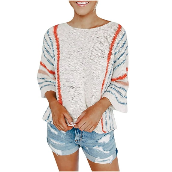 Samickarr Summer Sweater For Womens Cute 3/4 Sleeves O-Neck Fall Color Block Striped Lightweight Comfy Cable Knit Beach Sweater Pullover Sweaters