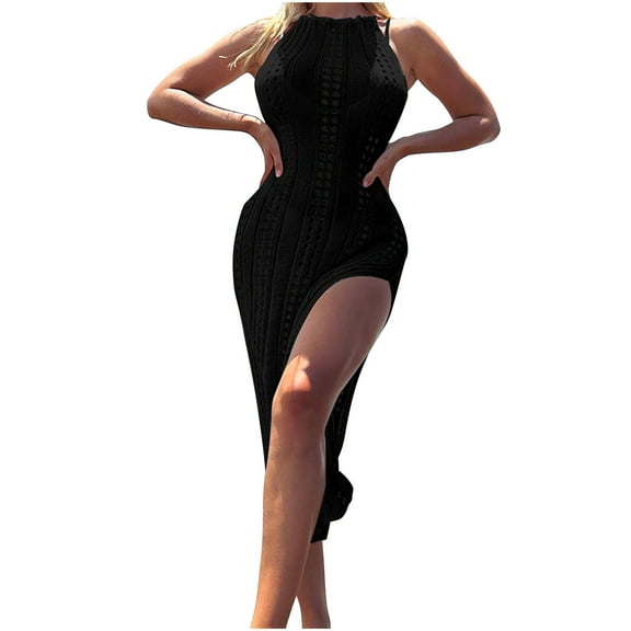 Samickarr Summer Tank Dresses For Women Vacation SundressesSummer Dresses For Women Solid Color Hollow-cut Slit Slim-fit Back Neck Lace-up Sleeveless Round Neck Knit Dress