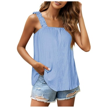 Samickarr Summer Tank Tops For Women Sleeveless Square Neck Shirred Straps Cami Camisole Blouse Shirt