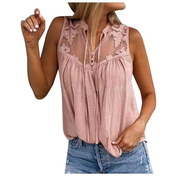 Samickarr Summer Tank Tops For Women Going Out TopsWomen Summer V-Neck Sleeveless Stitching Lace Sleeveless Blouse