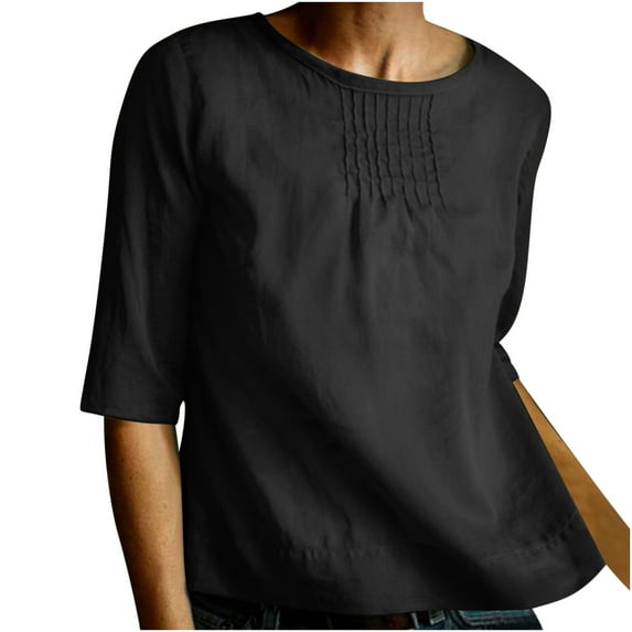 Samickarr Summer Tops For Men Going Out Tops Women's Solid Color Loose Round Neck Middle Sleeve Folded Cotton Linen Shirt Top