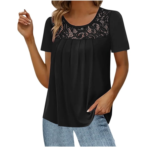 Samickarr Summer Tops For Women Vacation Trendy Womens Tops On Clearance锛乄omen Fashion Lace Splicing Round Neck Short Sleeve T-Shirt Blouse Tops