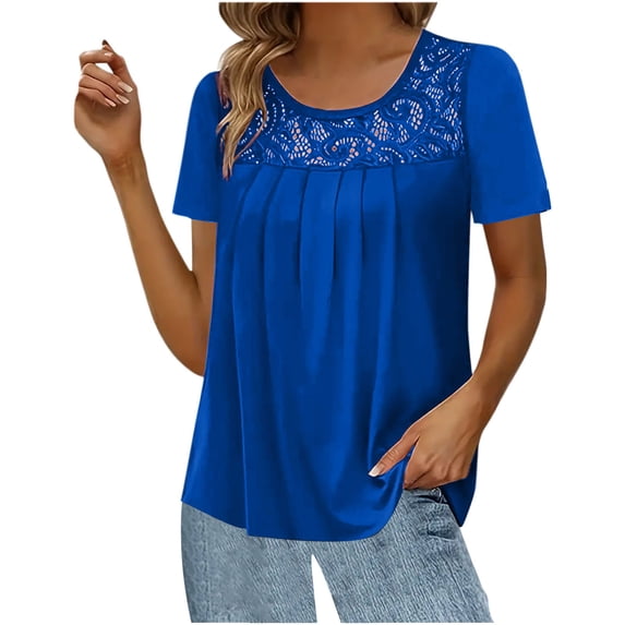 Samickarr Summer Tops For Women Vacation Trendy Womens Tops On Clearance锛乄omen Fashion Lace Splicing Round Neck Short Sleeve T-Shirt Blouse Tops