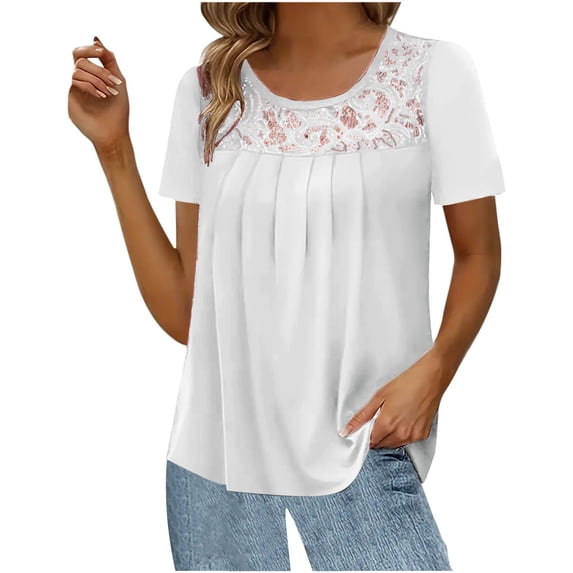 Samickarr Summer Tops For Women Vacation Trendy Womens Tops On Clearance锛乄omen Fashion Lace Splicing Round Neck Short Sleeve T-Shirt Blouse Tops