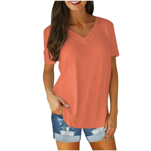 Samickarr Summer Tops For Women Vacation Trendy Womens Tops On Clearance锛乄omen Fashion Solid Color V-Neck Short Sleeve T-Shirt Blouse Tops
