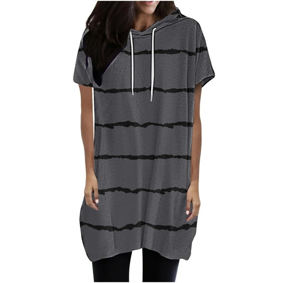 Samickarr Summer Tops For Women Vacation Trendy Womens Tops On Clearance锛乄omen's Printing Hooded Drawstring Round Neck Short Sleeved T-shirt Loose Top