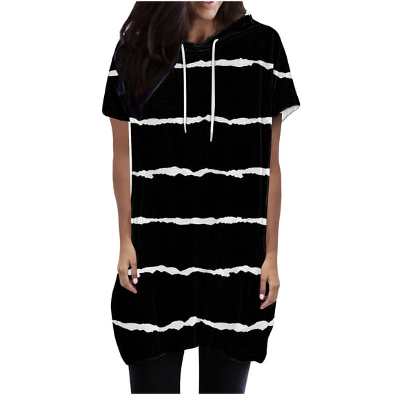 Samickarr Summer Tops For Women Vacation Trendy Womens Tops On Clearance锛乄omen's Printing Hooded Drawstring Round Neck Short Sleeved T-shirt Loose Top