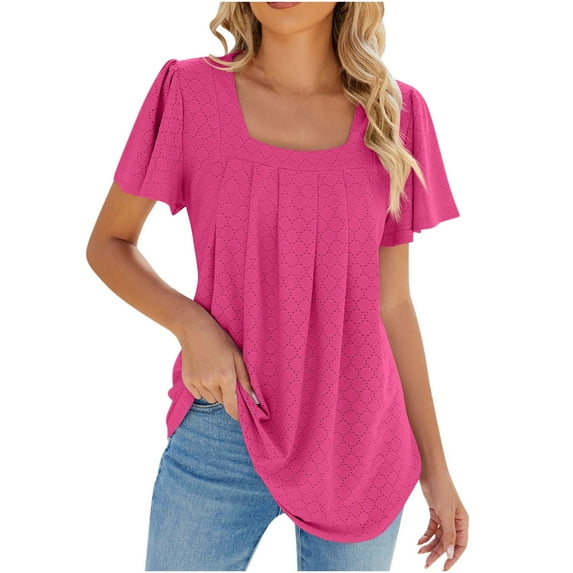 Samickarr Summer Tunic Tops For Women Eyelet Square Neck Short Sleeve Casual Loose Fit Pleated U Neck Curved Hem Flowy Blouses Tshirts For Leggings