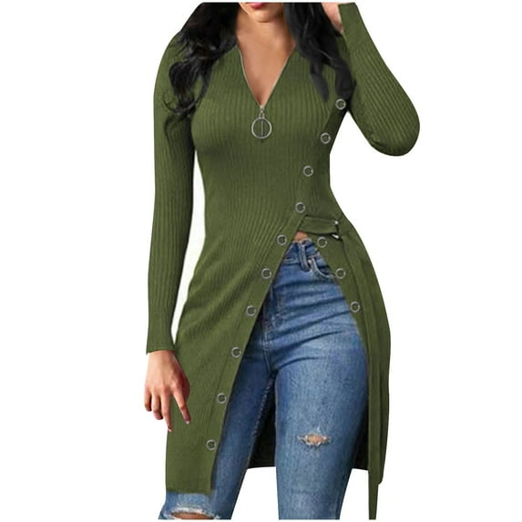 gakvbuo Sweaters For Women Zip Up V-Neck Ribbed Tops Long Sleeve Side Split Longline Tunic Blouse Top