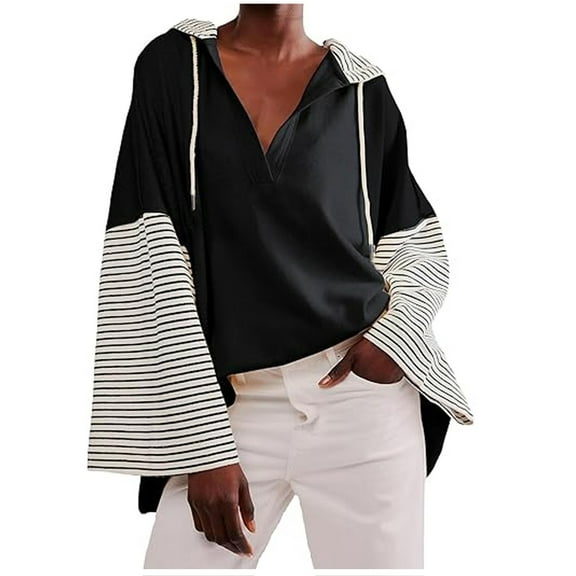 Samickarr Sweatshirt for Women Trendy Oversized Long Sleeve V-Neck Pullover Fall Outfits Tops Color Block Causal Loose Hoodies Shirt