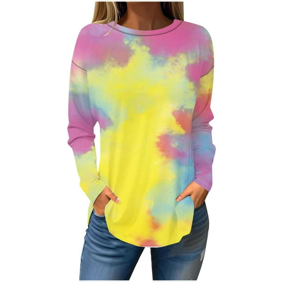Gnshining Tie Dye Shirts for Women Long Sleeve Crew Neck Casual Tops Fall Fashion Pullover Outfits