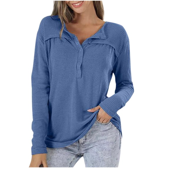 Samickarr Tops for Women Fall Trendy Waffle Long Sleeve Button Down V-Neck Soft Pullover Blouse Solid Color Casual Loose T-Shirts
